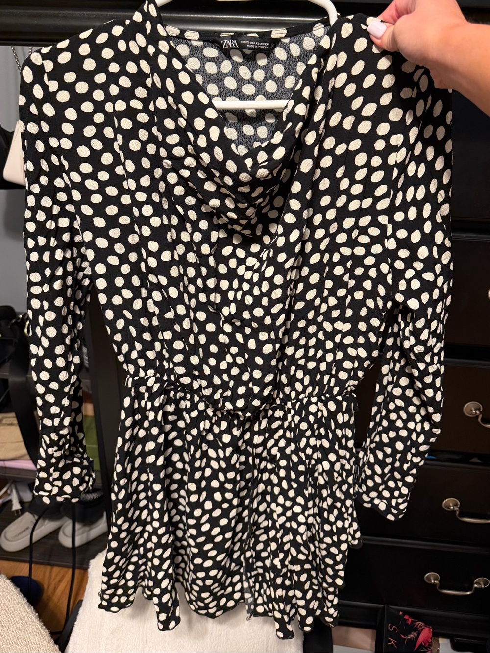 Zara Black and White Polka Dot Long-Sleeve Dress
